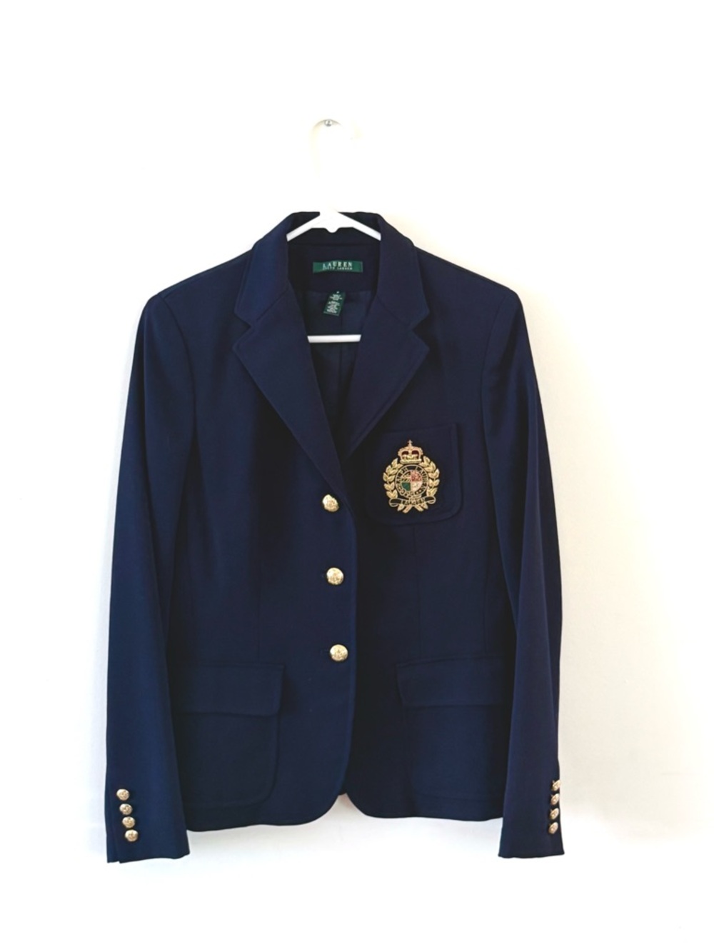 Lauren Ralph Lauren Navy Wool Blazer with Gold RL Logo Crest, Size 6 (Medium)
